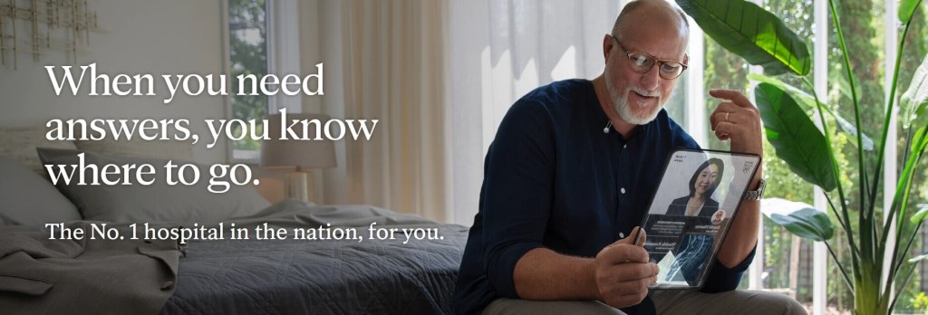 Mayo Clinic's landing page shows a focus on digital healthcare.